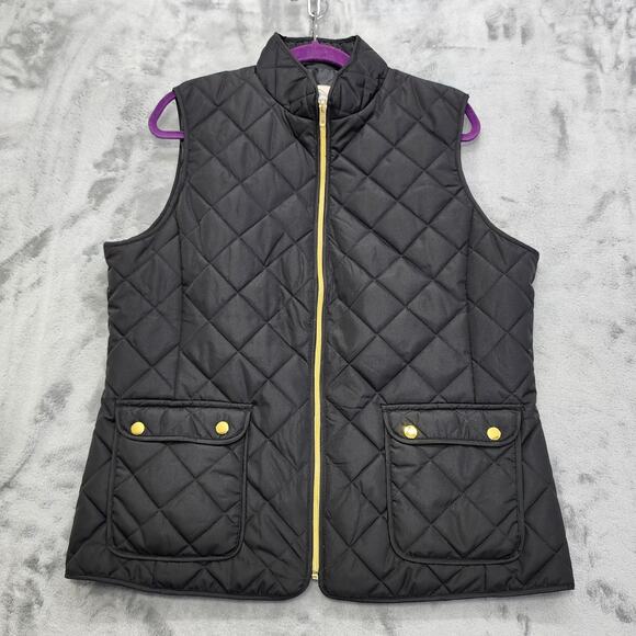 St Johns Bay Vest Womens XLT Black Gold Quilted Puffer Full Zip Pockets Winter - Picture 1 of 8